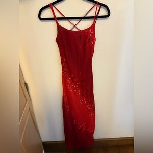 Red Floral Spaghetti Strap Midi Dress